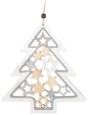 Hanging Wooden Tree with Stars 15 x 17 cm Grey with Silver Glitter