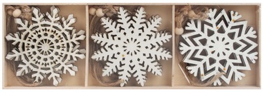 Hanging Wooden Snowflakes with Glitter 8 x 8 cm, 9 pcs in a Box