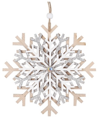Hanging Wooden Snowflake with Stone and Silver Glitter 15 cm