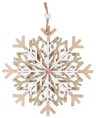 Hanging Wooden Snowflake with Stone and Gold Glitter 15 cm
