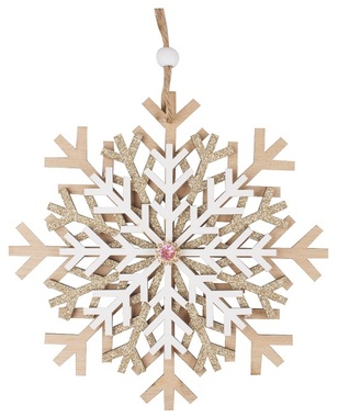 Hanging Wooden Snowflake with Stone and Gold Glitter 15 cm