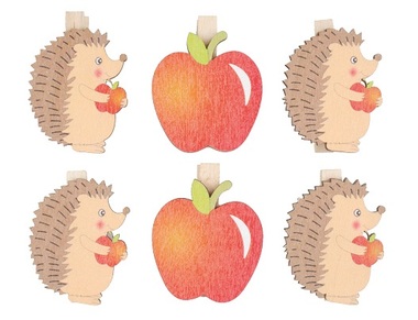 Wooden Hedgehogs and Apples on Peg 4 cm, 6 pcs 