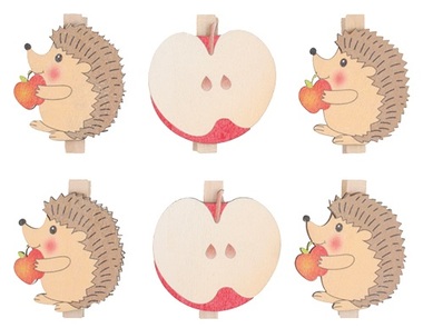 Wooden Hedgehogs and Apples on Peg 4 cm, 6 pcs 