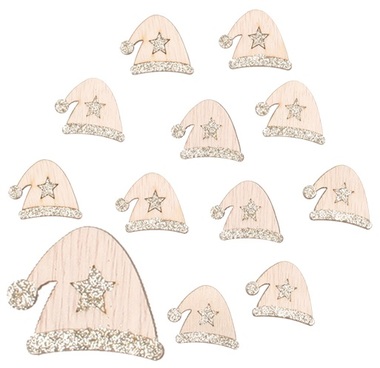 Wooden Hats with Silver Gritter 3,5 cm, 12 pcs