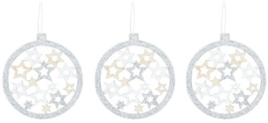 Hanging Wooden Balls with Silver Glitter 7,5 cm, 3 pcs