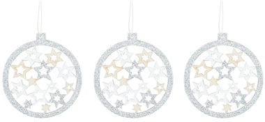 Hanging Wooden Balls with Silver Glitter 7,5 cm, 3 pcs