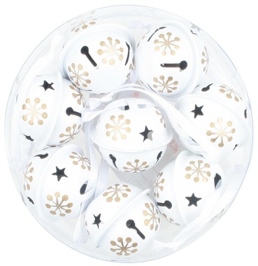 White Jingle Bells 3 cm, 8 pcs, Gold Print