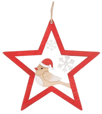 Hanging Wooden Star with Bird 14 cm, red