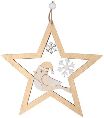 Hanging Wooden Star with Bird 14 cm, Gold