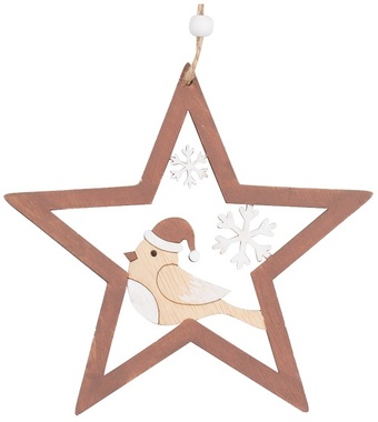 Hanging Wooden star With Bird 14 cm, Brown