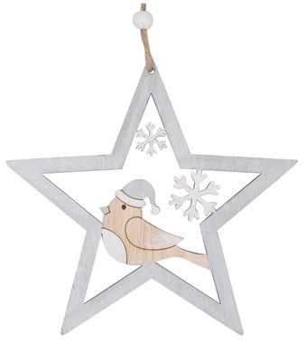 Hanging Wooden Star with Bird 14 cm, Silver 