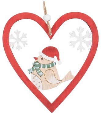 Hanging Wooden Heart with Bird 12 cm, Red  