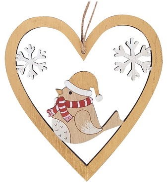 Hanging Wooden Heart with Bird 12 cm, Gold