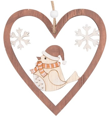 Hanging Wooden Heart with Bird 12 cm, Brown 