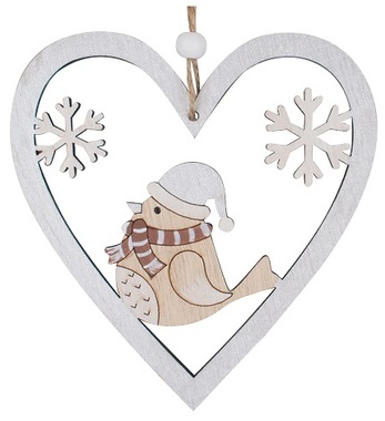 Hanging Wooden Heart with Bird 12 cm, Silver 