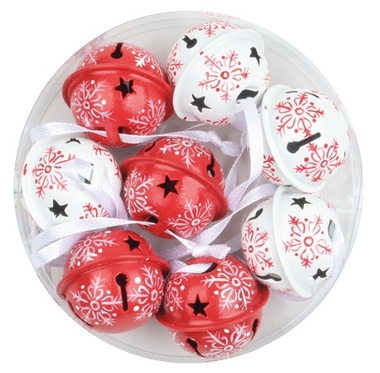 Hanging Jingle Bells red/white with Snowflake 3 cm, 8 pcs 