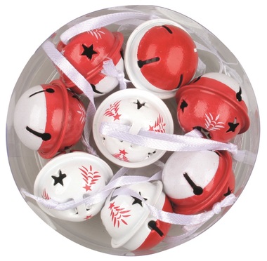 Hanging Jingle Bells red/white with tree 3 cm, 8 pcs 