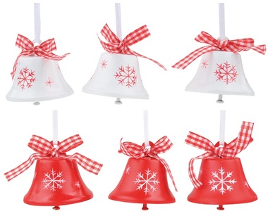 Hanging Bells red/white w/snowflake 4,5 cm, 6 pcs