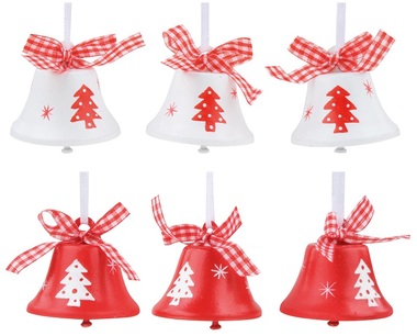 Hanging Bells red/white w/tree 4,5 cm, 6 pcs