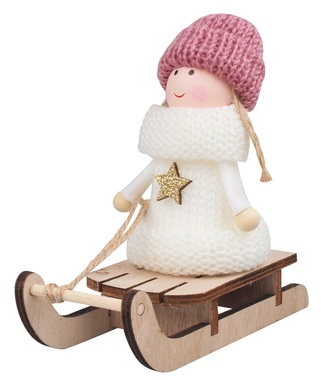 Girl in Pink Knitted Hat on Sledge 12 cm 