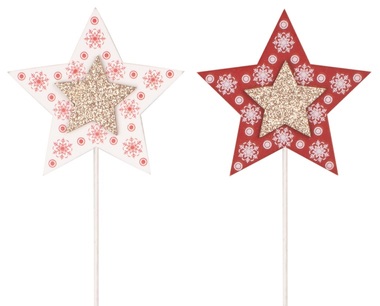 Wooden stars w/glitters on stick 8 cm + stick, 2 pcs 