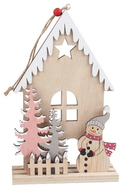 Hanging Wooden House with Snowman 20 cm 