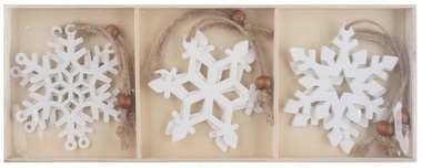 Hanging wooden snowflakes white 8 cm, 6 pcs in box 
