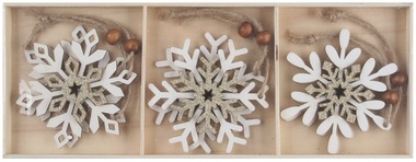 Hanging wooden snowflakes 8 cm, 6 pcs in box 