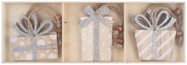 Hanging wooden gifts w/silver glitter 8 cm, 6 pcs in box 