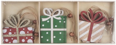 Hanging wooden gifts w/silver glitter 8 cm, 6 pcs in box 