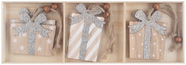 Hanging wooden gifts w/silver glitter 8 cm, 6 pcs in box 