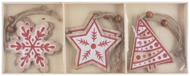 Hanging wooden decorations 8 cm, 6 pcs in box 