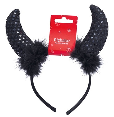 Devil Horns Headband with Feathers, Black, circumference 37 cm