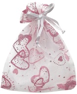 White Organza Bag with pink hearts 9x12cm