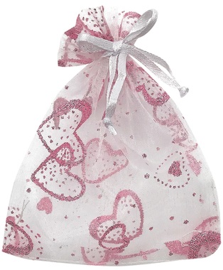 White Organza Bag with pink hearts 9x12cm