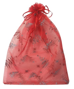 Red Organza Bag with Silver Glitter Trees 15 x 22 cm