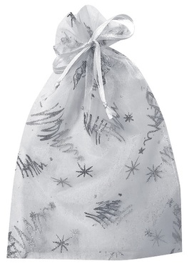 White Organza Bag with Silver Glitter Trees 15 x 22 cm