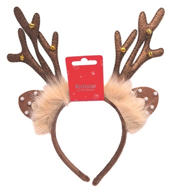 Headband with Glitter Antlers, Jingle Bells, Fur and Ears, circumference 37 cm