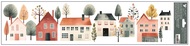 Decorative Window Cling – Terraced Houses with Pink Facades and Birch Trees