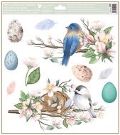 Decorative Window Cling – Birds in a Nest with Green Leaves and Brightly Colored Eggs
