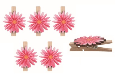 Wooden pink Flower 3 x 3 x 0.2 cm for peg, 5 pcs