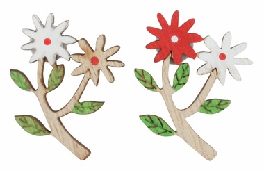 Wooden flowers red and white 2.5 x 3.5 x 0.3 cm with sticker, 24 pcs in a box