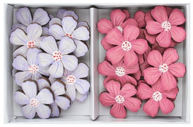 Wooden flowers pink and purple 2.5 x 2.5 x 0.3 cm with sticker, 24 pcs in a box