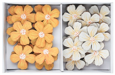 Wooden Flowers orange and white 2.5 x 2.5 x 0.2 cm with sticker, 24 pcs in a box