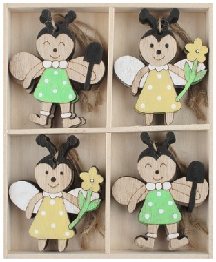 Wooden Bee 5 x 6 x 0.5 cm for hanging, 8 pcs in a box