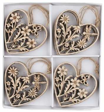 Heart carved wooden 6.5 x 6.5 x 0.5 cm for hanging, 8 pcs in a box