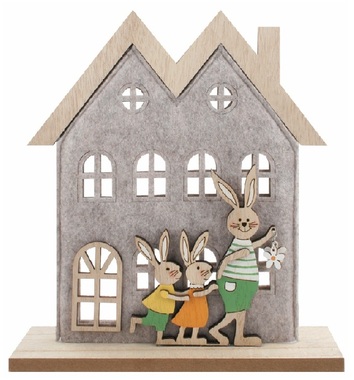 Decoration House made of felt with a rabbit family 21 x 23 x 5 cm on stand