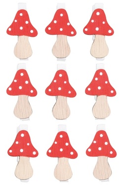 Wooden Mushrooms with Clip 4,5 cm, 9 pcs