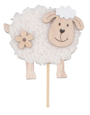Wooden Sheep with Fur 8,5 cm + Stick 