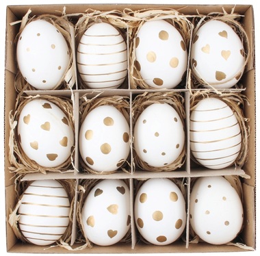 Plastic Eggs with Golden Deco 6 cm, 12 pcs in Box 